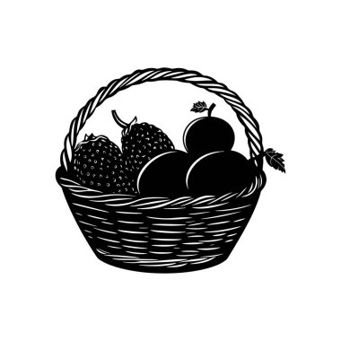 Beyaz arka planda, çilek ve eriklerle dolu dokuma sepetini tasvir eden siyah-beyaz vektör sanatı, basit, klasik bir hasat temasını iletiyor..