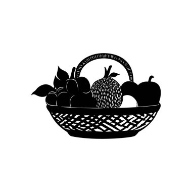 Beyaz arka planda elma, armut, erik ve guava dolu bir sepetin siyah silueti. Sağlıklı yemek ve hasat temaları için vektör illüstrasyonu.
