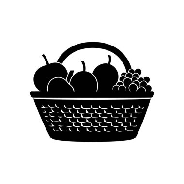 Basit bir siyah siluet görüntüde birkaç elma ve üzümle dolu bir sepet görülüyor. Beyaz arkaplan ile vektör illüstrasyonu, simgeler veya tasarım ögeleri için mükemmel.