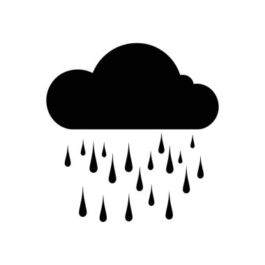 Tek bir siyah bulut sembolü içeren izole bir vektör çizimi, yağmur damlaları saçıyor. Meteoroloji, hava tahminleri ya da tasarım elementleri için uygun ikon. Beyaz arkaplan.