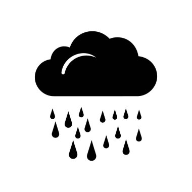 Altında birkaç damla bulunan bir yağmur bulutunun izole edilmiş siyah vektör simgesi. Bulut ve yağmur grafiği beyaz arkaplanda. Hava durumu uygulamaları için mükemmel..