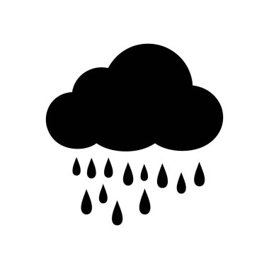 Üzerinden birkaç yağmur damlası düşen siyah bir bulut simgesi. Beyaz arkaplanda basit bir vektör çizimi, hava veya çevreyle ilgili tasarımlar için mükemmel.