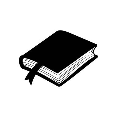 İzole edilmiş vektör silueti, kapalı siyah bir kitap, bir cilt kapağı ve bir yer imi kurdelesi olduğunu gösteriyor. Simge, temiz ve basit bir beyaz arkaplan üzerine kurulur.