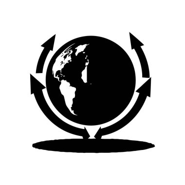 Etrafını saran toprak küre siluetini ve kavisli okları gösteriyor. Küresel erişimi, bağlantıyı, dolaşımı, büyümeyi ve birliği vurgular, beyaz arka planda uluslararası temaları resmetmek için idealdir.