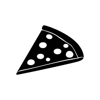 Tek bir pizza dilimini gösteren vektör çizimi. Pizzada yuvarlak malzemeler var. Renk şeması siyah beyaz. Beyaz arka planda tasarım, çeşitli mutfak projeleri için mükemmel.