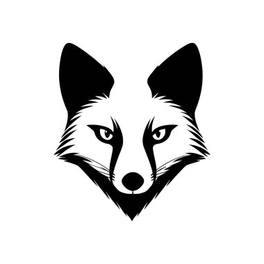 Biçimlendirilmiş tilki kafasının beyaz bir arkaplanda izole edilmiş, logolar ve grafik tasarım projeleri için mükemmel siyah ve beyaz vektör görüntüsü.