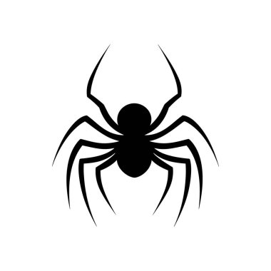İzole edilmiş siyah örümcek ikonu vektör silueti sekiz simetrik bacağa sahip, net beyaz bir arka plana karşı basit ve temiz bir dizayn, web tasarımı için kullanışlı..