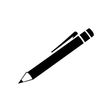 İzole edilmiş vektör illüstrasyonu, basit bir yazı simgesine ihtiyaç duyan tasarım projeleri için ideal, silgi ve beyaz arkaplanda bir klip içeren siyah bir kalem gösterir.