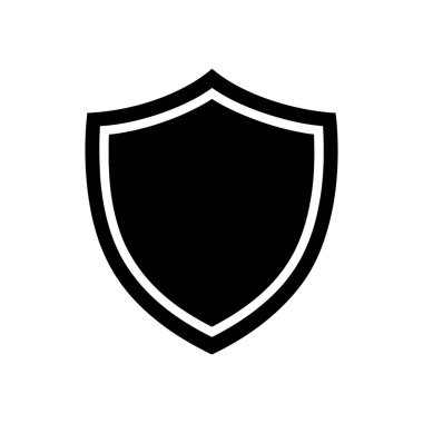 Beyaz arka planda siyah kalkan vektör ikonu. İkonun etrafı beyaz çizgilerle çevrili. Koruma ve güvenlik temaları, tasarımlar ve çizimler için uygundur.