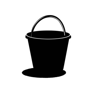 Siyah plastik bir kovanın silüeti, beyaz bir arkaplanda izole edilmiş basit bir vektör simgesi olarak sunulan, kenara dökülen sıvıyı gösteren bir tutacağı var..