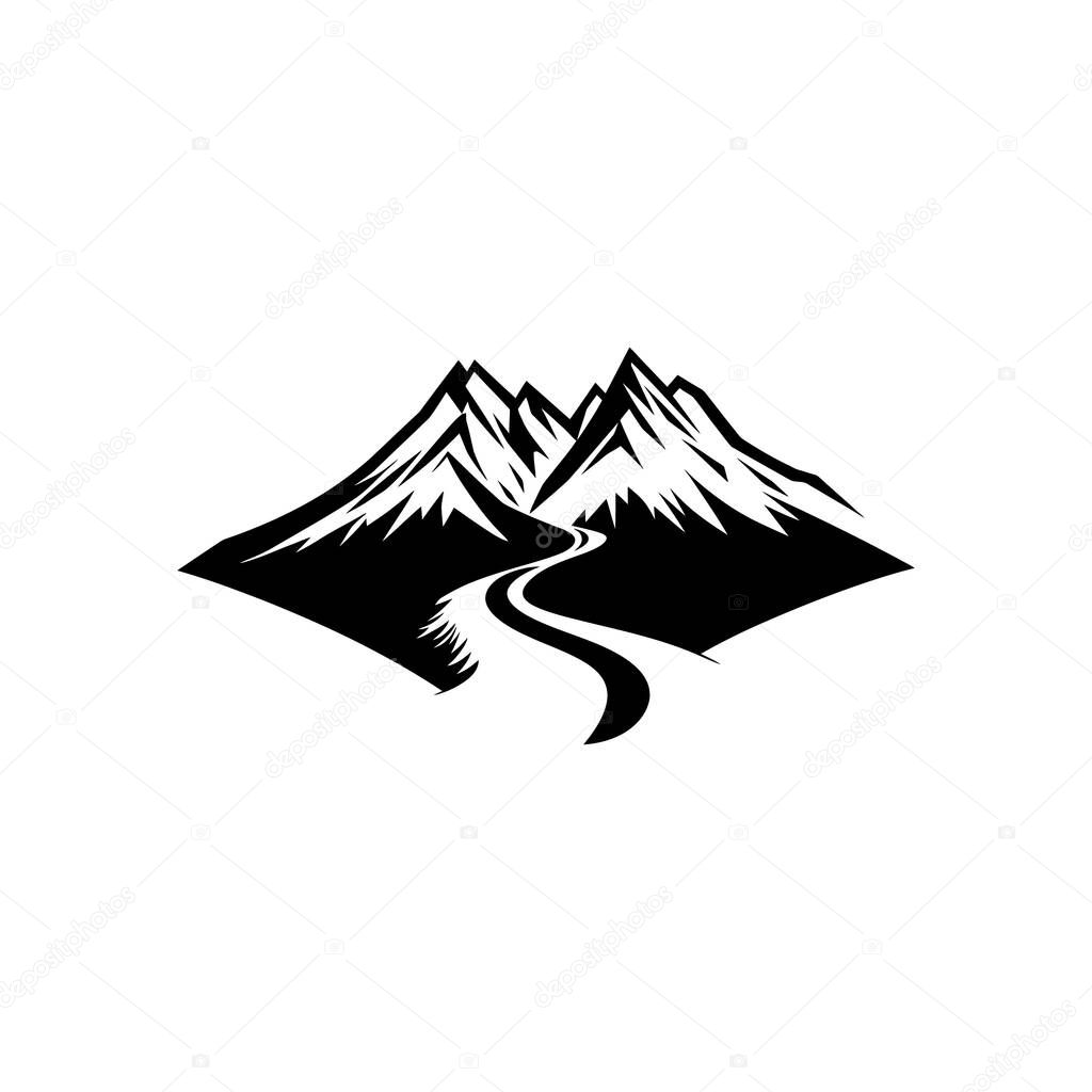 Striking monochrome vector illustration featuring majestic mountains with sharp peaks and a winding road, perfect for logos or adventure-themed designs. White background.