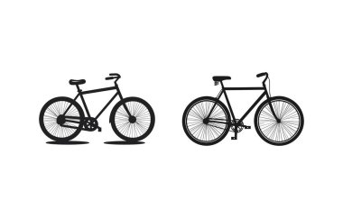 Bu resim iki farklı bisiklet siluetini içeriyor, siyah vektör formatında yapılmış, temiz beyaz arka plana karşı konumlandırılmış. Ulaşım ve grafik tasarımı için ideal.