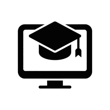 Mezuniyet şapkasını gösteren bir bilgisayar ekranının siyah sembolü, kurslar için beyaz bir arkaplanda çevrimiçi eğitimi ve öğrenmeyi sembolize ediyor.