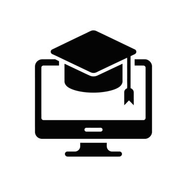 Bilgisayar ekranında havan topu simgesini gösteren izole edilmiş siyah vektör simgesi, beyaz arkaplanda çevrimiçi eğitimi, e-öğrenmeyi ve sanal mezuniyet törenlerini temsil ediyor..