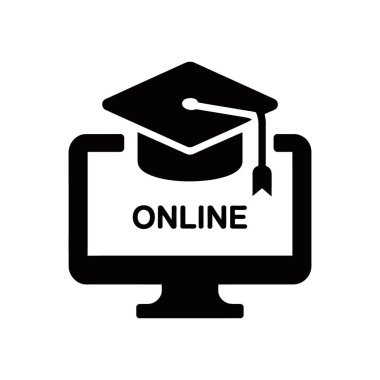 Bir bilgisayar ekranına yerleştirilmiş mezuniyet şapkası içeren siyah bir vektör ikonu, çevrimiçi eğitim, öğrenme ve mezuniyeti sembolize ediyor. Vektör tasarımı, beyaz arkaplan.