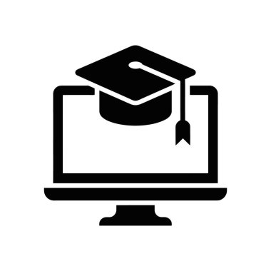 Siyah vektör simgesi, mezuniyet şapkasını gösteren, çevrimiçi kursları, eğitimi veya beyaz arkaplan ile e-öğrenim platformlarını temsil eden bir bilgisayar monitörünü gösterir..