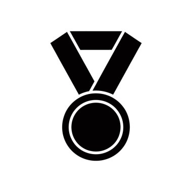 Kurdeleye asılı basit bir siyah madalya tasarımı tasvir eden düz bir vektör ikonu çizimi. Madalya, beyaz bir arkaplanda yer alan başarı ve tanınmayı simgeliyor..