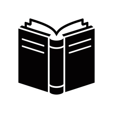 Siyah bir vektör ikonu açık bir kitap sunar, çalışmayı, bilgiyi ve okumayı sembolize eder. Beyaz bir arkaplanda eğitimle ilgili tasarımlar için ideal.