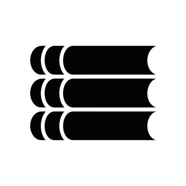 Basit bir vektör illüstrasyonu, temiz beyaz bir arkaplana karşı yuvarlak sağ kenarı olan üç yatay kitaptan oluşan siyah bir yığın gösteriyor. Minimalist tasarım.