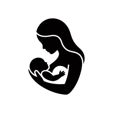 Bebeğini kucağında tutan ve besleyen bir annenin net vektör çizimi. Beyaz arka planda basit, zarif ve klasik siyah siluet. Yeni annelerin tasarımları için ideal..