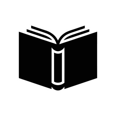 Vektör grafiği, açık bir kitabın basit bir ön görünüm siluetini gösteriyor. Grafik beyaz bir arkaplana karşı siyah. Eğitim tasarımları ve simgeler için ideal.