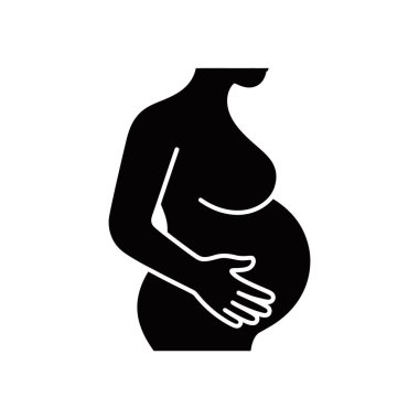 Hamile bir kadının elini karnına koyduğunu gösteren siyah hamilelik vektör ikonu. Doğurganlık için vektör sanatı, bebek, ve annelik konuları. Beyaz arkaplan resmi.