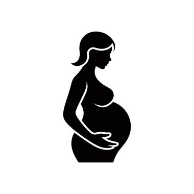 Ayrı bir vektör ikonu hamile bir kadının siluetini gösteriyor. Elini nazikçe karnına koyuyor. Temiz beyaz bir arkaplana dayanıyor..