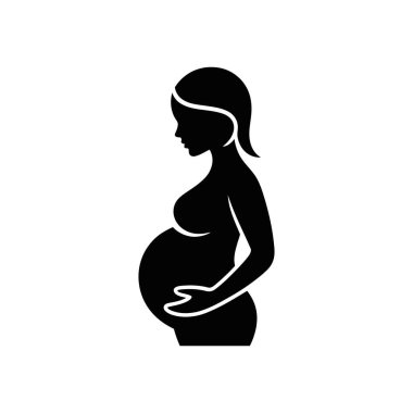 Elleri karnında dinlenen hamile bir kadının siyah vektör silueti anneliği ve beklentileri simgeliyor, beyaz arka plan, hamilelik kavramı..