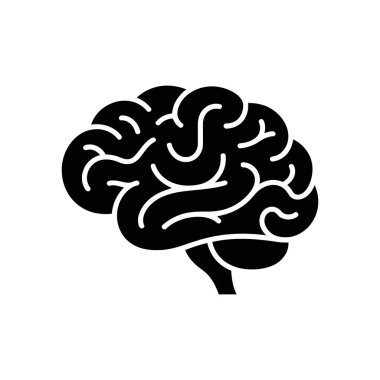 Beyaz arka planda siyah siluetle gösterilmiş insan beyin vektör simgesi. Zeka, bilişsel işlev, öğrenme, hafıza ve genel zihinsel sağlığı temsil eder..