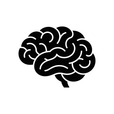 İzole edilmiş vektör ikonu insan beynini beyaz arka planda siyah renkte gösteriyor. Bu grafik sağlık, bilim ve anatomiyle ilgili projelerde kullanılabilir..