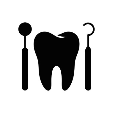Dişçinin aynası ile sonda arasındaki diş merkezli siyah vektör diş ikonu. Diş sağlığı, oral sağlık veya tıbbi hizmetler için basit tasarım.