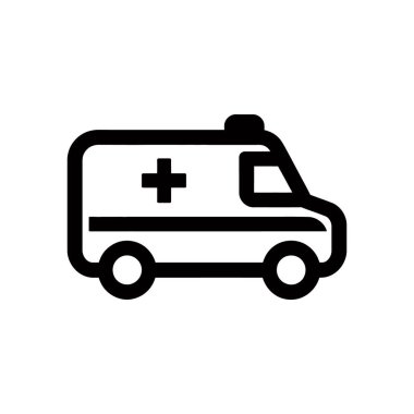 İzole edilmiş vektör illüstrasyonunda belirgin bir çapraz sembolü içeren siyah çizilmiş bir ambulans simgesi gösteriliyor. Tıbbi, acil veya sağlıkla ilgili tasarımlar için basit, grafik gösterimi.