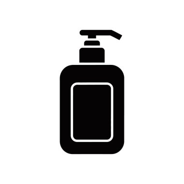 Pompalı bir sabun makinesinin minimalist siyah vektör grafiği, beyaz arka planda hijyen, el yıkama veya sağlık hizmetleri kavramlarını temsil etmek için idealdir..