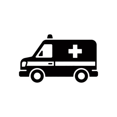 İzole edilmiş bir siyah vektör simgesi, çok yönlü kullanım için temiz beyaz arkaplan üzerine kurulmuş beyaz haçlı bir ambulans arabası tasvir eder..