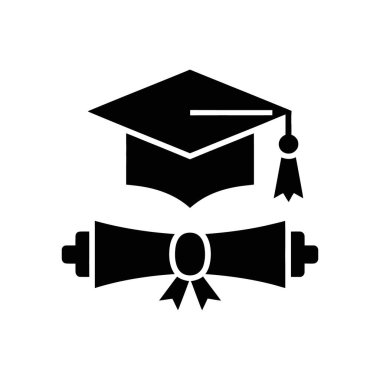 Püsseli siyah mezuniyet şapkası ve bağlı diploma tomarı, eğitim, mezuniyet, okul ve akademik başarı temaları için ideal bir vektör simgesi..
