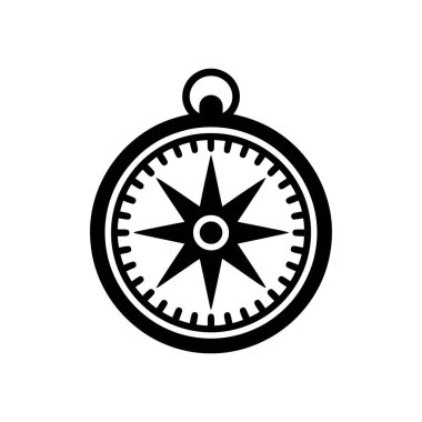 Bu vektör simgesi dairesel bir biçimde kaplanmış merkezi yıldız şekilli bir yön göstergesi ile basitleştirilmiş bir pusula tasarımı gösterir. Beyaz arkaplan ile izole edilmiş grafik.