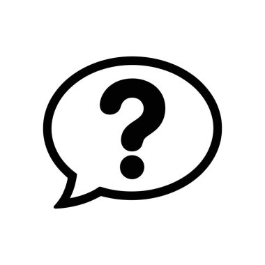 Beyaz arkaplandaki bir konuşma baloncuğu simgesi içindeki siyah soru işareti, soru, şüphe, destek ve bilgiyi temsil eder; ölçeklenebilir bir vektör grafiği olarak kullanılabilir.