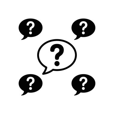 Vektör illüstrasyonunda soru işaretli beş siyah konuşma kabarcığı gösteriliyor. Beyaz arka planda izole edilmiş. Web tasarımı, iletişim veya eğitim materyalleri için kullan.
