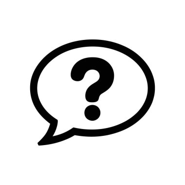 Beyaz arkaplandaki bir konuşma baloncuğu simgesi içinde siyah soru işareti, tasarımlarda destek, faq veya belirsizliği temsil etmek için idealdir.
