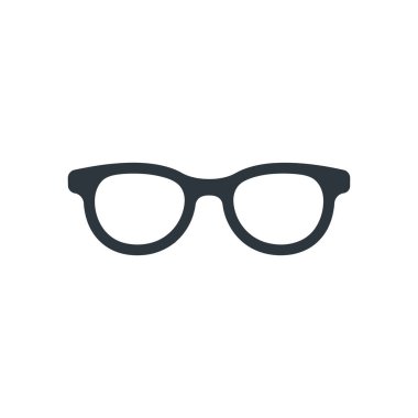 Beyaz arka planda koyu gri çerçeveli gözlük simgesi. Cesur, modern bir tasarım, çeşitli tasarım amaçları için uygun. Ölçeklenebilir vektör grafiği olarak kullanılabilir.