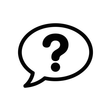 Beyaz arka planda bir konuşma balonunda siyah vektör soru işareti simgesi, bir soruyu, şüpheyi, belirsizliği veya yardıma ihtiyacı temsil ediyor. Temiz, minimalist tasarım.