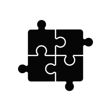 İzole edilmiş siyah yapboz parçaları birleşerek beyaz bir arkaplan, birlik ve çözümleri temsil eden temiz ve vektör ikonu karşısında katı kare bir şekil oluşturur..