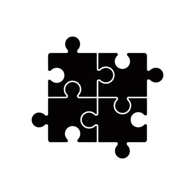 Birleştirilmiş dört siyah yapboz parçasını gösteren vektör simgesi, beyaz arkaplanda bir kare oluşturarak, birliği, problem çözmeyi ve işbirliğini sembolize ediyor, web tasarımı için ideal.