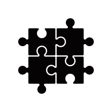 Bu grafik takım çalışmasını, problem çözmeyi ve temiz beyaz bir arkaplana karşı bağlantıyı sembolize eden dört bulmaca parçasını temsil eden bir siyah vektör simgesini içerir..
