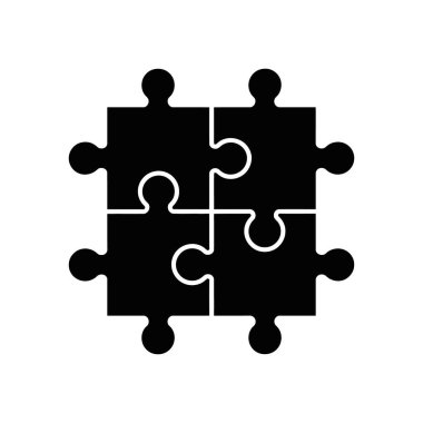 Dört siyah yapboz parçası kare bir yapboz oluşturmak için birbirine bağlıdır. Bu vektör simgesi tasarımı basit ve modern, çeşitli yaratıcı projeler ve bilgi grafikleri için idealdir.