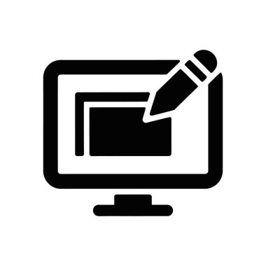 İzole edilmiş siyah vektör simgesi, kurgu veya kişiselleştirmeyi sembolize eden kalem kaplamalı bir bilgisayar ekranına sahiptir. Çeşitli tasarım projeleri için uygundur; beyaz arkaplan.