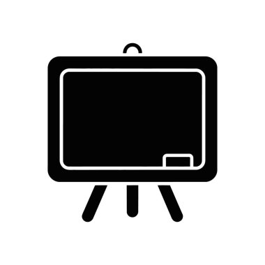 Üç bacaklı tahta bir ayakta yuvarlak köşeli siyah bir karatahtanın izole vektör simgesi. Tahtanın kenarında beyaz bir silgi duruyor. Beyaz arkaplan.