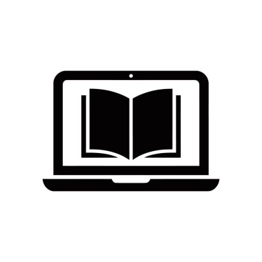 Açık bir kitap simgesini gösteren, çevrimiçi öğrenmeyi veya dijital okumayı sembolize eden bir dizüstü bilgisayarın siyah vektör çizimi, temiz, beyaz bir arkaplan üzerine yerleştirilmiş.