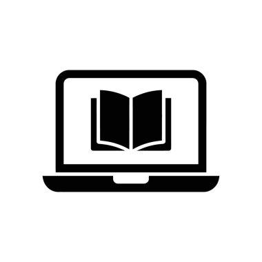 Siyah bir dizüstü bilgisayarın silüeti ekranında açık bir kitabı gösteriyor, beyaz bir arkaplana karşı çevrimiçi öğrenmeyi veya dijital kütüphane kaynaklarını sembolize ediyor.