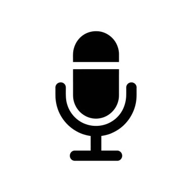 İzole edilmiş, beyaz arka planda basit bir siyah mikrofon vektör ikonu. Podcast, stüdyo kaydı, yayıncılık ve sesle ilgili dijital ya da yazılı içerik için ideal sembol.